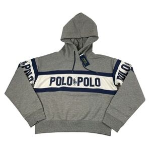 Polo Ralph Lauren NWT Gray Blue Tape Spellout Cropped Hoodie Size Large.
